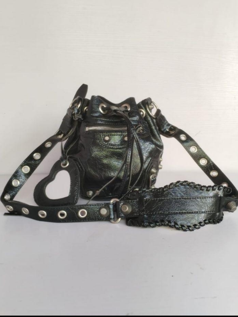 Balenciage Le Cagole XS Black Studded Drawstring Bucket Bag